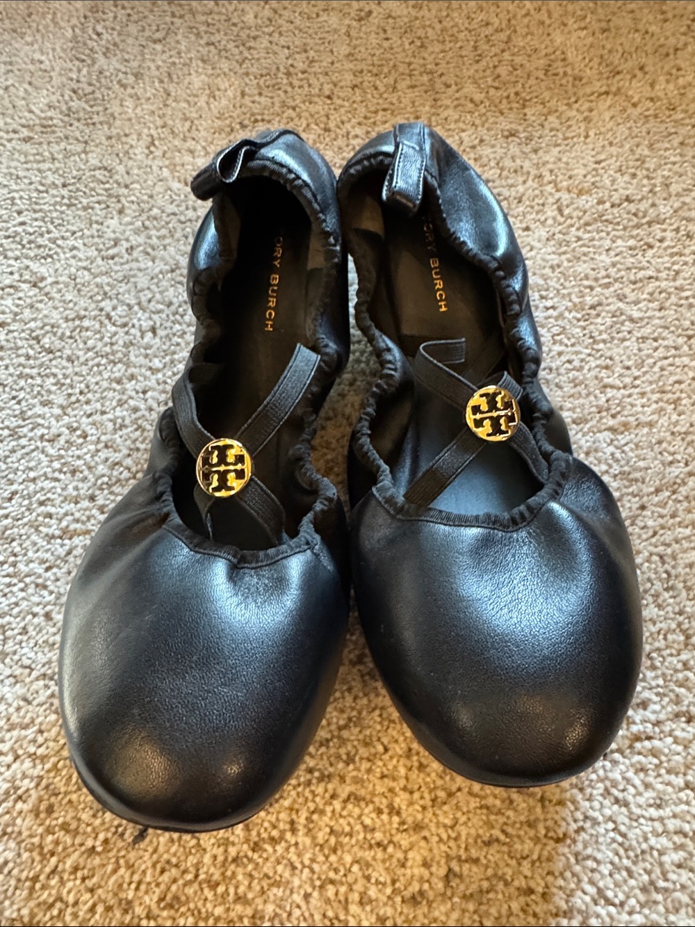 Tory Burch Black Leather Ballet Flats with Gold Logo Medallion